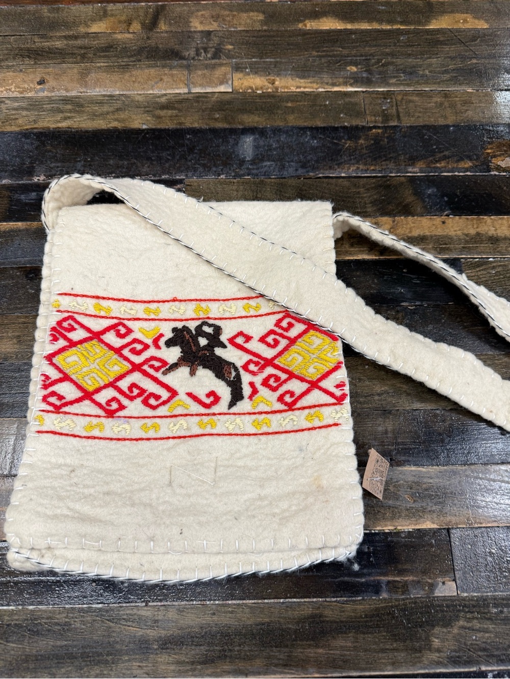 Vintage Handmade Felt Wool Embroidered Folk Art Crossbody Bag Boho Western Horse
